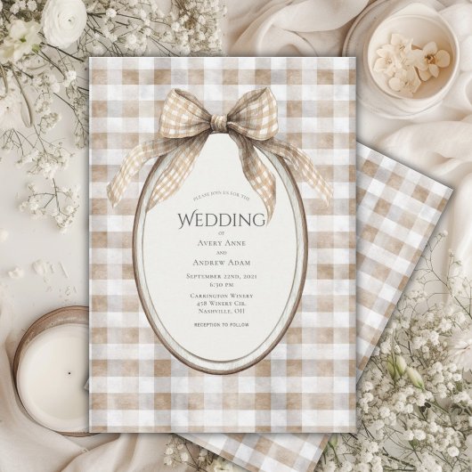 Invitation Brown Gingham Bow Frame Vintage Wedding