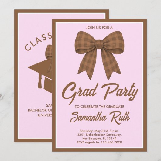 Invitation Brown Gingham Bow Graduation Party (Devant / Derrière)