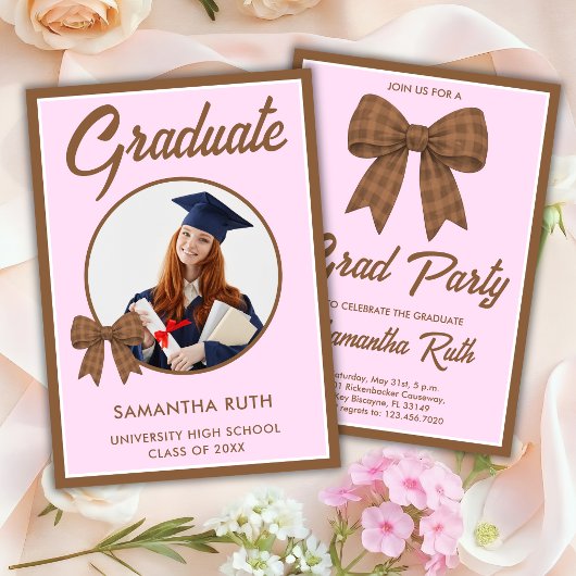Invitation Brown Gingham Bow Photo Graduation Party