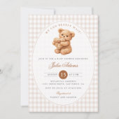 Invitation Brown Gingham Teddy Bear Neutral Baby Shower Paper (Devant)