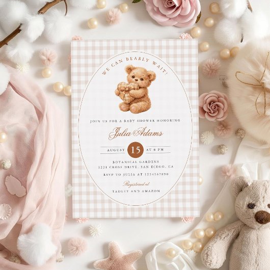 Invitation Brown Gingham Teddy Bear Neutral Baby Shower Paper