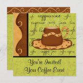 Invitation Brown Gold Green Checkerboard Coffee Cup Nom de l' (Devant / Derrière)