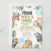 Invitation Brown Green Blue Young Wild Three 3rd Birthday (Devant)