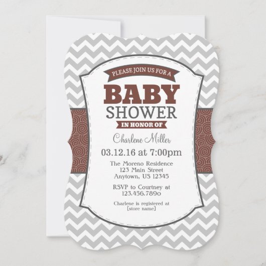 Invitation Brown Grey Chevron Baby shower (Devant)