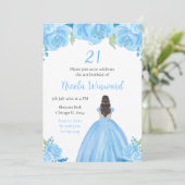 Invitation Brown Hair Princess Blue Floral fête d'anniversair (Debout devant)