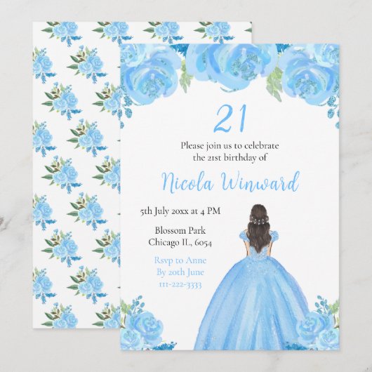 Invitation Brown Hair Princess Blue Floral fête d'anniversair (Devant / Derrière)