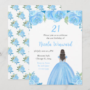 Invitation Brown Hair Princess Blue Floral fête d'anniversair