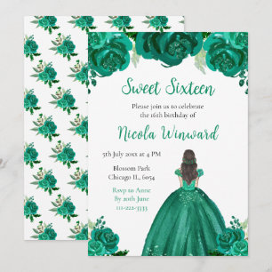 Invitation Brown Hair Princess Green Floral Sweet sixteen