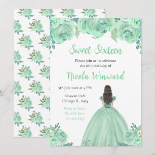 Invitation Brown Hair Princess Mint Floral Sweet sixteen