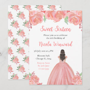 Invitation Brown Hair Princess Sweet sixteen rose Floral