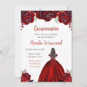 Invitation Brown Hair Princesse Rouge Floral Quinceanera (Devant)