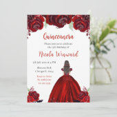 Invitation Brown Hair Princesse Rouge Floral Quinceanera (Debout devant)