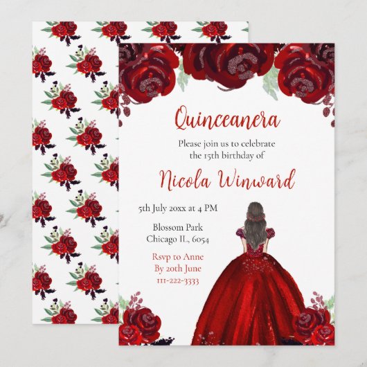 Invitation Brown Hair Princesse Rouge Floral Quinceanera (Devant / Derrière)