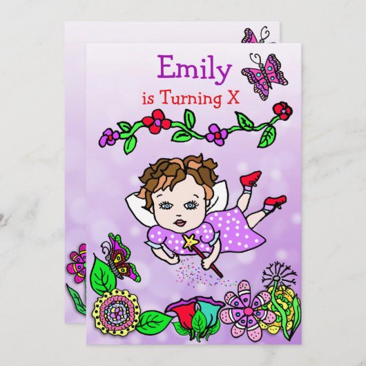 Invitation Brown Haired Caucasien Fairy Birthday (Devant / Derrière)