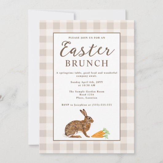 Invitation Brown Hare Beige Gingham Rustic Easter Brunch (Devant)