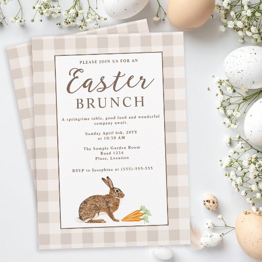 Invitation Brown Hare Beige Gingham Rustic Easter Brunch