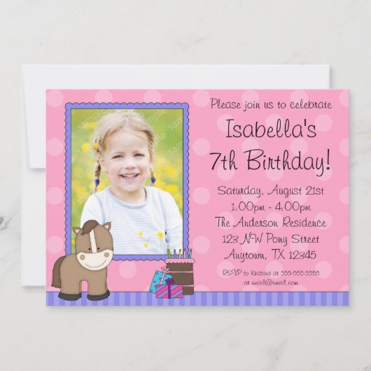 Invitation Brown Horse rose Pois Photo Anniversaire (Devant)