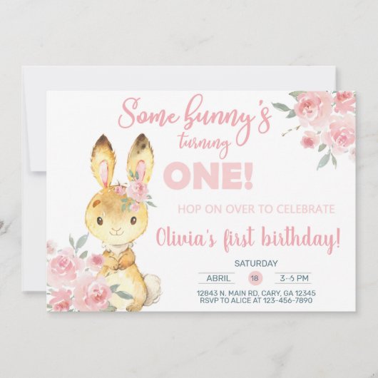 Invitation Brown lapin et fleurs roses fille invitation. (Devant)
