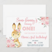 Invitation Brown lapin et fleurs roses fille invitation. (Devant / Derrière)