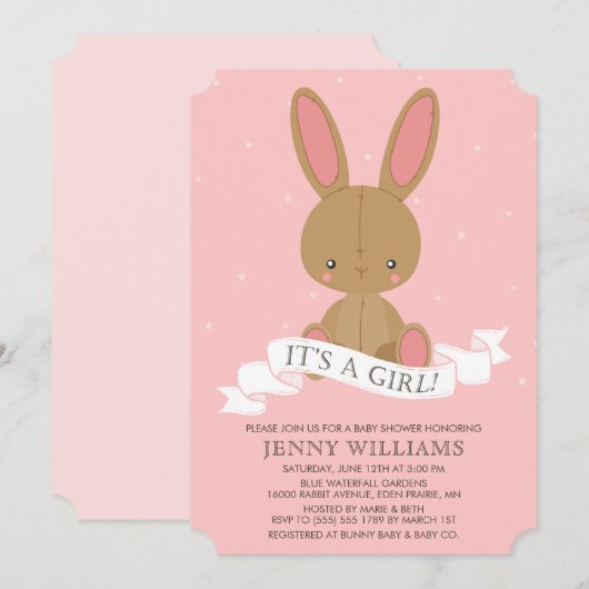 Invitation Brown lapin farci lapin fille Baby shower Invitati (Devant / Derrière)