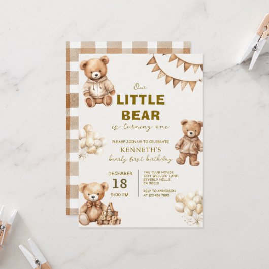 Invitation Brown Little Bear is Turning One Birthday Party (Devant/Arrière en situation)