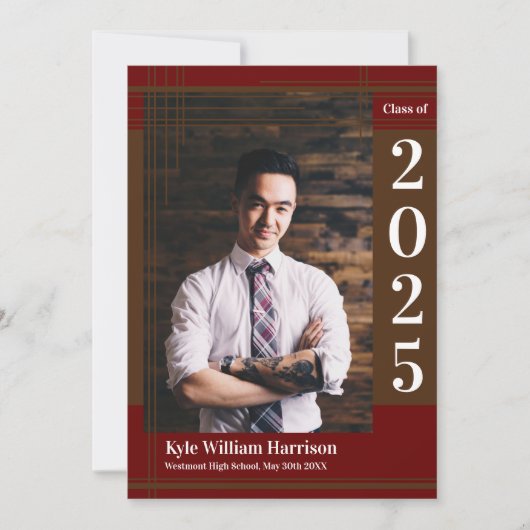 Invitation Brown Maroon School Couleur Graduation Photo Plaid (Devant)