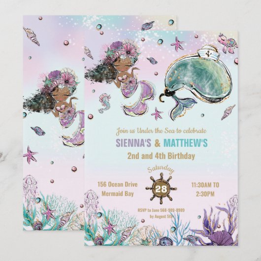 Invitation Brown Mermaid Whale Pirate Twins Joint Anniversair (Devant / Derrière)