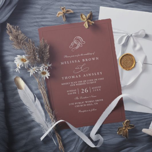 Invitation Brown Minimalist Horseshoe Rustic QR Code Wedding