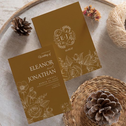 Invitation Brown Minimalist Rustic Floral Elegant Wedding