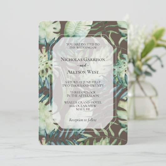 Invitation Brown Mint Tropical Green Feuille Mariage (Debout devant)