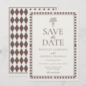Invitation Brown Mocha Harlequin Checkered Save the Date (Devant / Derrière)