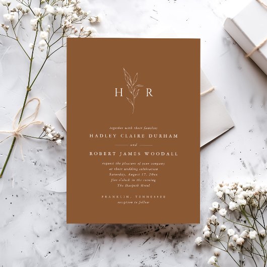 Invitation Brown Monogramme minimal Mariage botanique