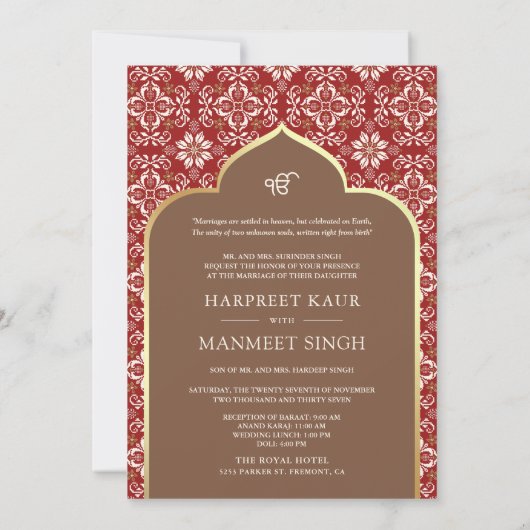 Invitation Brown Motif rouge ivoire Anand Karaj Sikh Mariage (Dos)