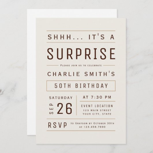 Invitation Brown N'Importe Quel Âge Typographie Moderne Surpr (Devant / Derrière)