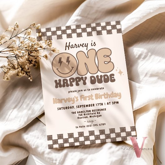 Invitation Brown ONE HEUREUX DUDE Smile Retro Anniversaire Su