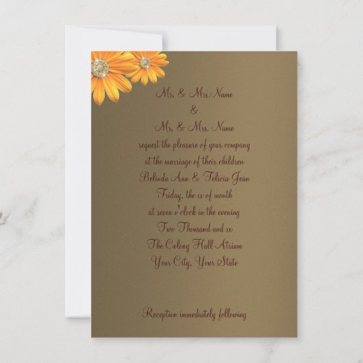 Invitation Brown or et chocolat, Mariage Fleurs Jaunes (Dos)