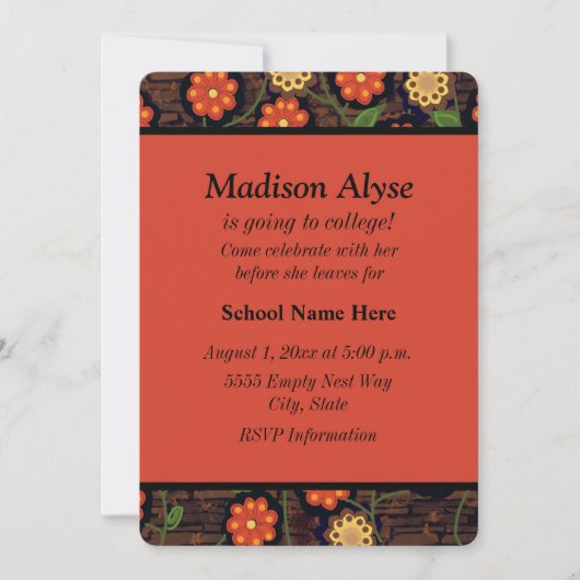 Invitation Brown Orange Floral Orange "Off To College" Invita (Devant)