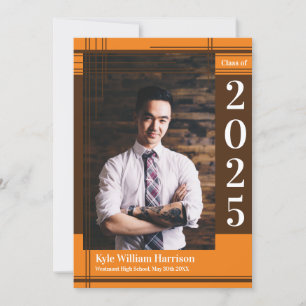 Invitation Brown Orange School Colour Graduation Photo Plaid