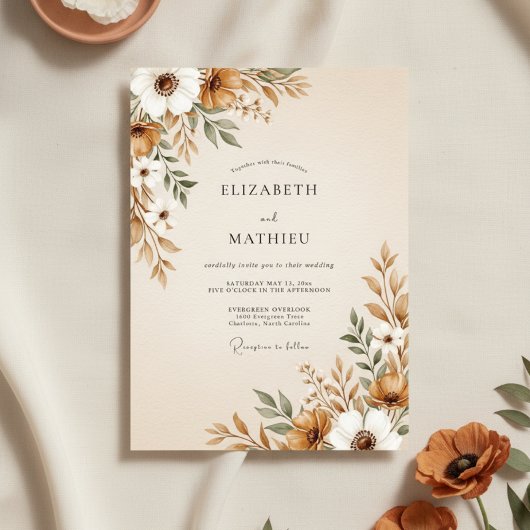 Invitation Brown Painterly Floral Flourish Wedding