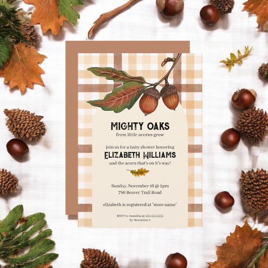 Invitation Brown Plaid Fall Acorn Baby shower