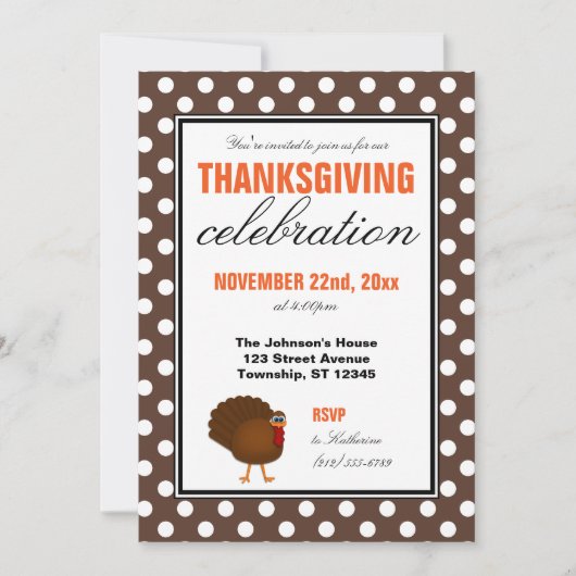 Invitation Brown Polka Dot Orange Chevron Thanksgiving (Devant)