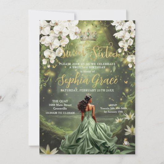 Invitation Brown princesse et grenouille Sage Vert robe douce (Devant)