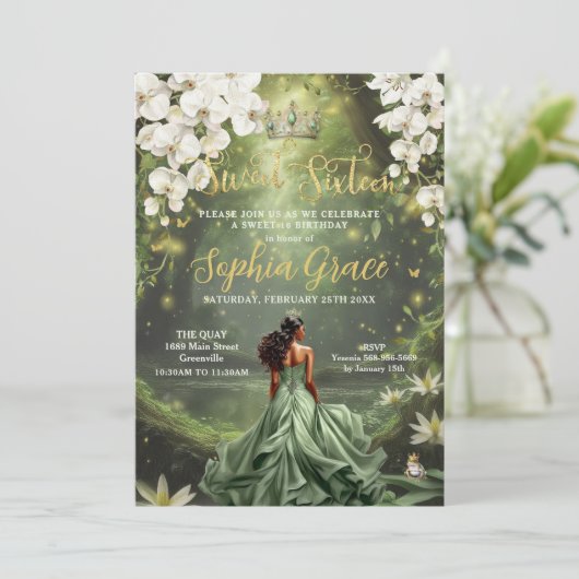 Invitation Brown princesse et grenouille Sage Vert robe douce (Debout devant)
