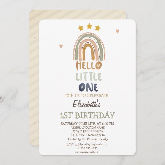 Invitation Brown Rainbow Stripes Hello Little One Birthday (Devant / Derrière)
