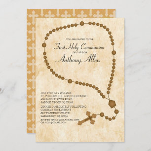 Invitation Brown Rosary Beads Première communion sainte