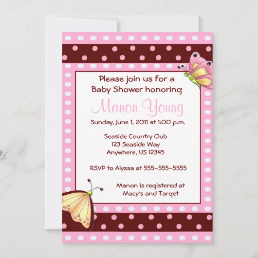 Invitation Brown rose de baby shower de papillon (Devant)