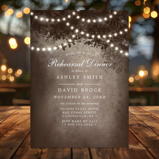 Invitation Brown Rustic Tree String Lights Dîner de répétitio