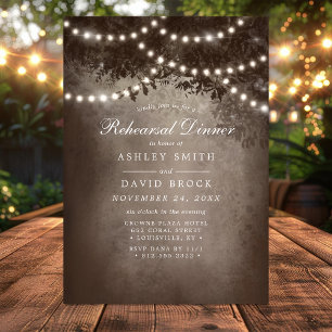 Invitation Brown Rustic Tree String Lights Dîner de répétitio