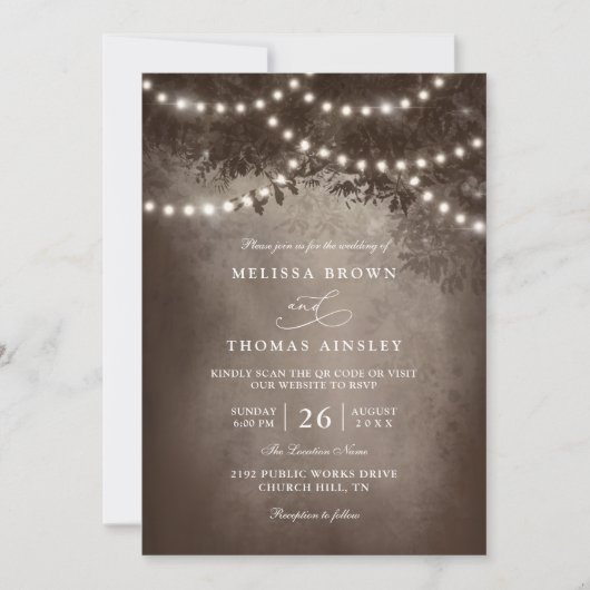 Invitation Brown Rustic Tree String Lights QR Code Wedding (Devant)