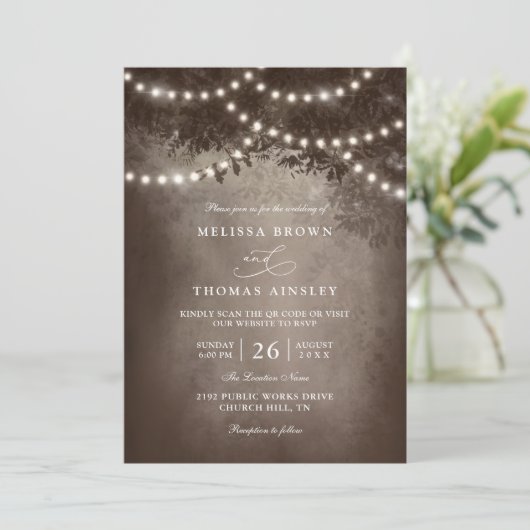 Invitation Brown Rustic Tree String Lights QR Code Wedding (Debout devant)
